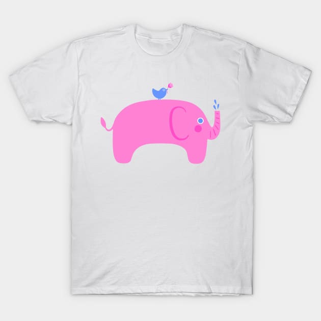 Pink Elephant & Bird Friend T-Shirt by Sam Pernoski